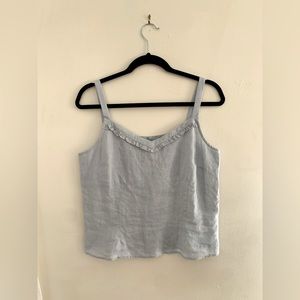 100% Linen Vintage Vtg Edward Light Blue button back Crop Tank ruffles sz medium